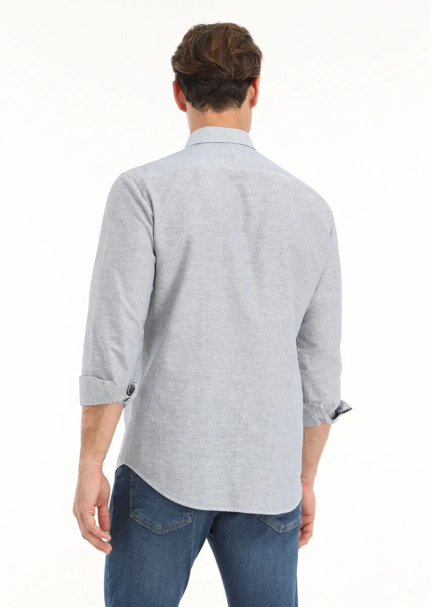 Gri Çizgili Regular Fit Dokuma Casual Pamuk Karışımlı Gömlek - 4