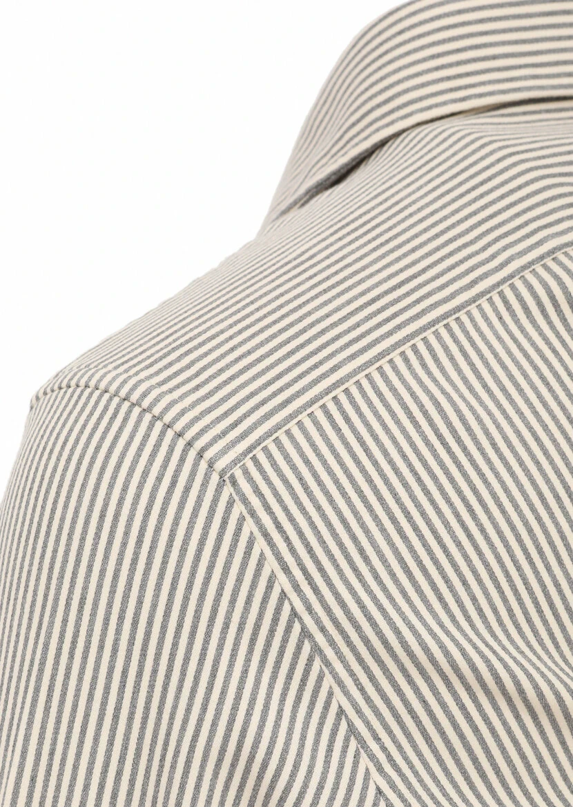 Gri Çizgili Regular Fit Dokuma Casual Pamuk Karışımlı Gömlek - 3