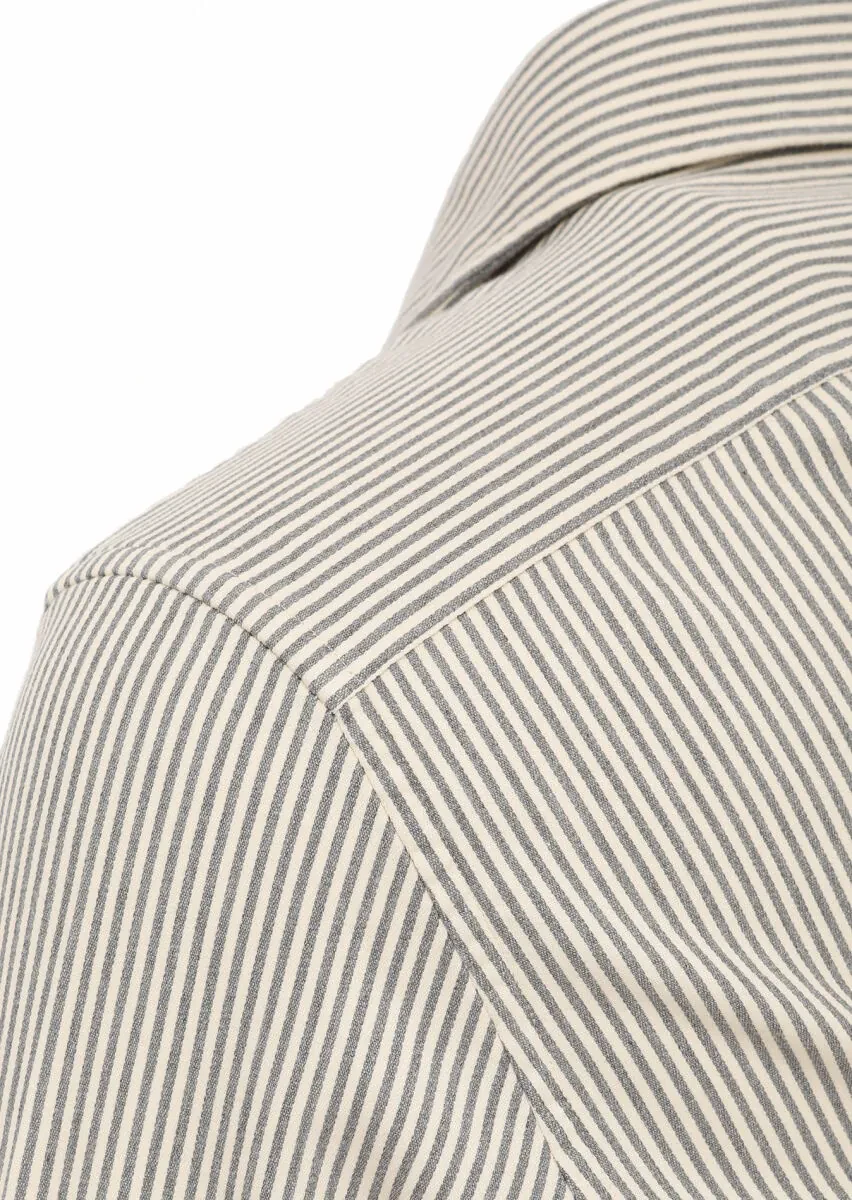 Gri Çizgili Regular Fit Dokuma Casual Pamuk Karışımlı Gömlek - 3