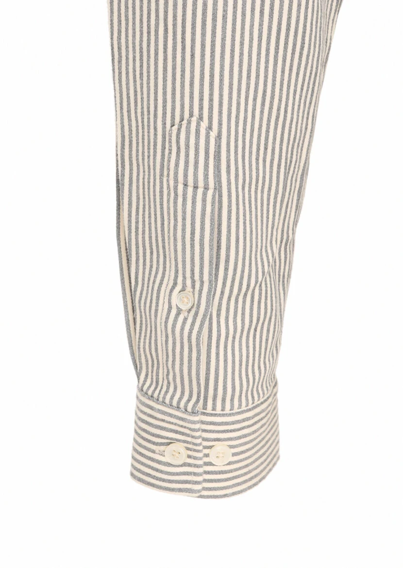 Gri Çizgili Regular Fit Dokuma Casual Pamuk Karışımlı Gömlek - 4