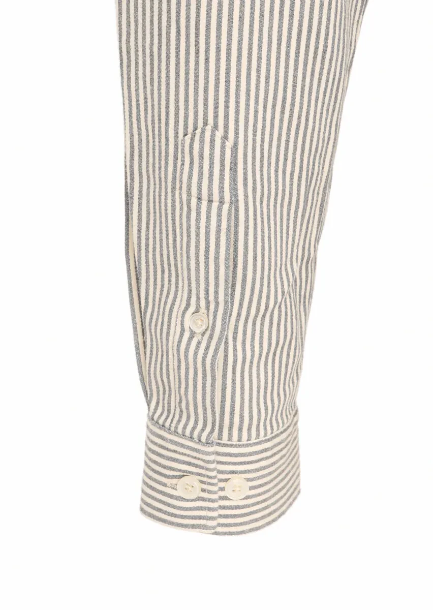 Gri Çizgili Regular Fit Dokuma Casual Pamuk Karışımlı Gömlek - 4