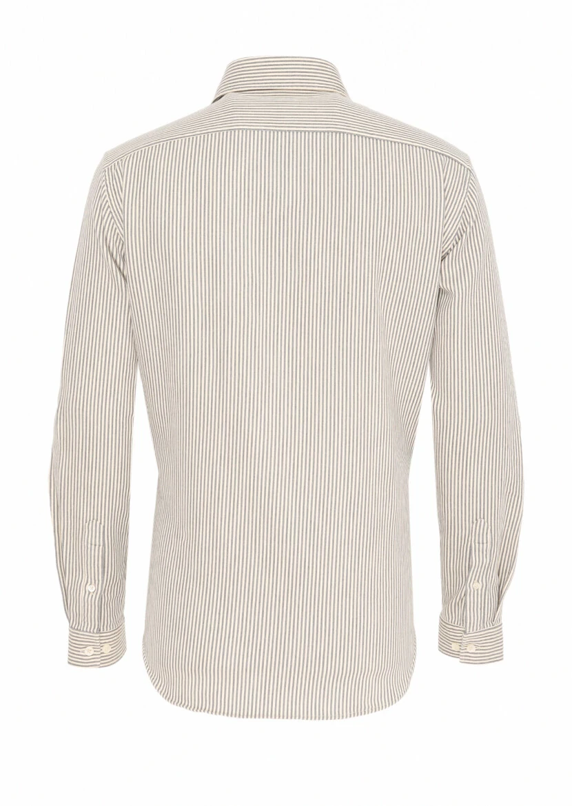 Gri Çizgili Regular Fit Dokuma Casual Pamuk Karışımlı Gömlek - 5