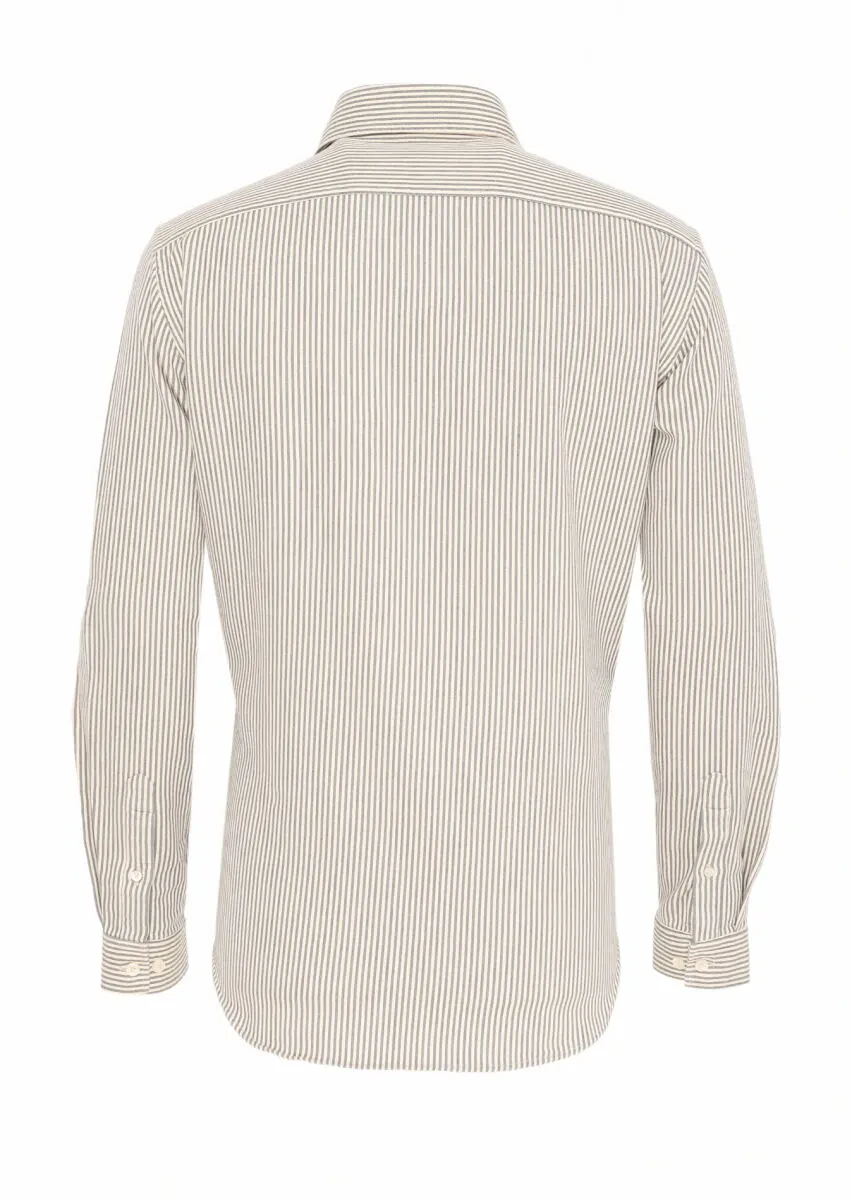 Gri Çizgili Regular Fit Dokuma Casual Pamuk Karışımlı Gömlek - 5