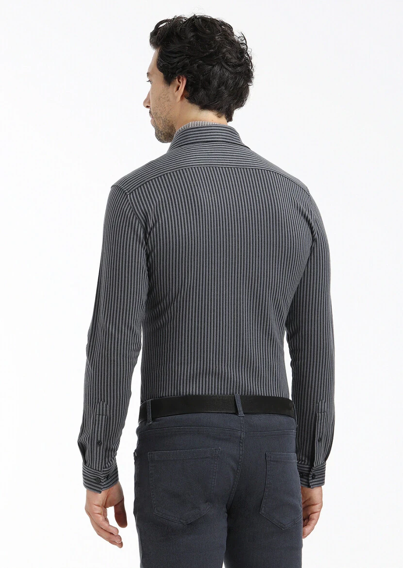 Gri Çizgili Slim Fit Casual %100 Pamuk Gömlek - 4