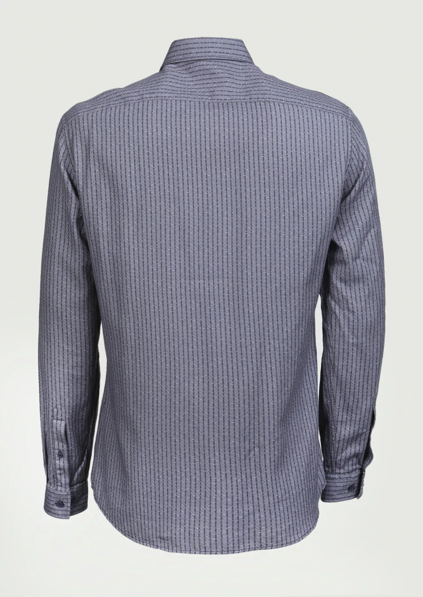 Gri Çizgili Slim Fit Dokuma Casual %100 Pamuk Gömlek - 7