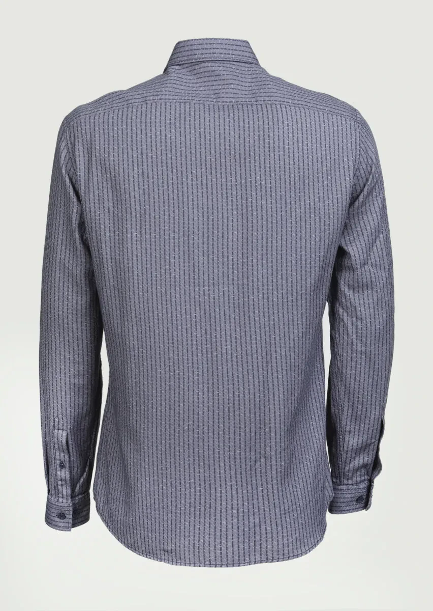 Gri Çizgili Slim Fit Dokuma Casual %100 Pamuk Gömlek - 7