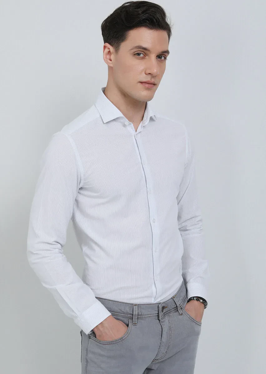 Gri Çizgili Slim Fit Dokuma Casual Pamuk Karışımlı Gömlek - 1