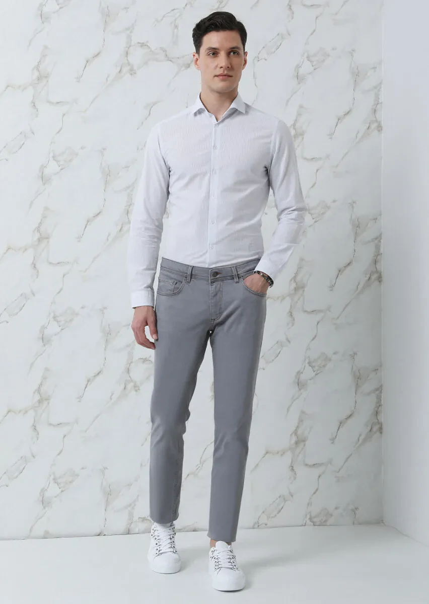 Gri Çizgili Slim Fit Dokuma Casual Pamuk Karışımlı Gömlek - 3