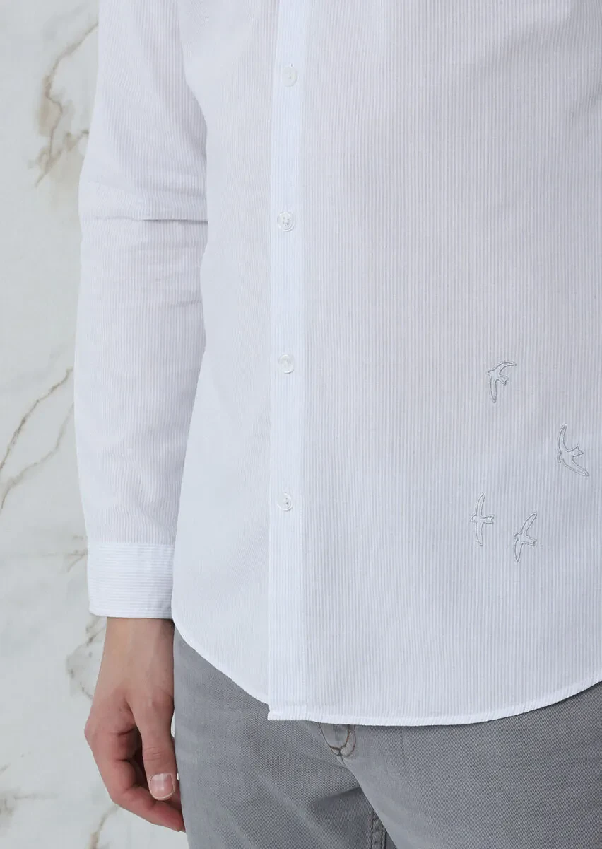 Gri Çizgili Slim Fit Dokuma Casual Pamuk Karışımlı Gömlek - 4