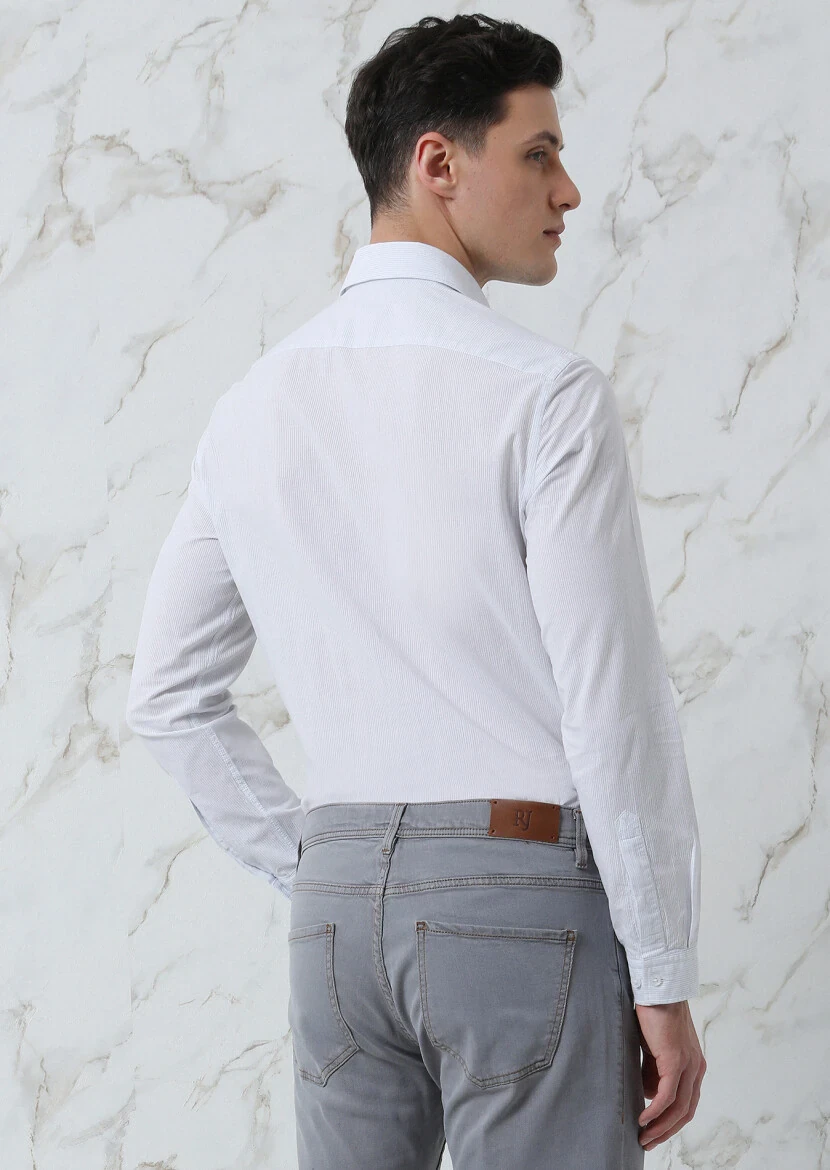 Gri Çizgili Slim Fit Dokuma Casual Pamuk Karışımlı Gömlek - 5