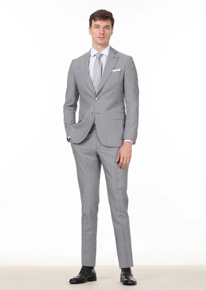 Gri Çizgili Thin&taller Slim Fit %100 Yün Takım Elbise - 3