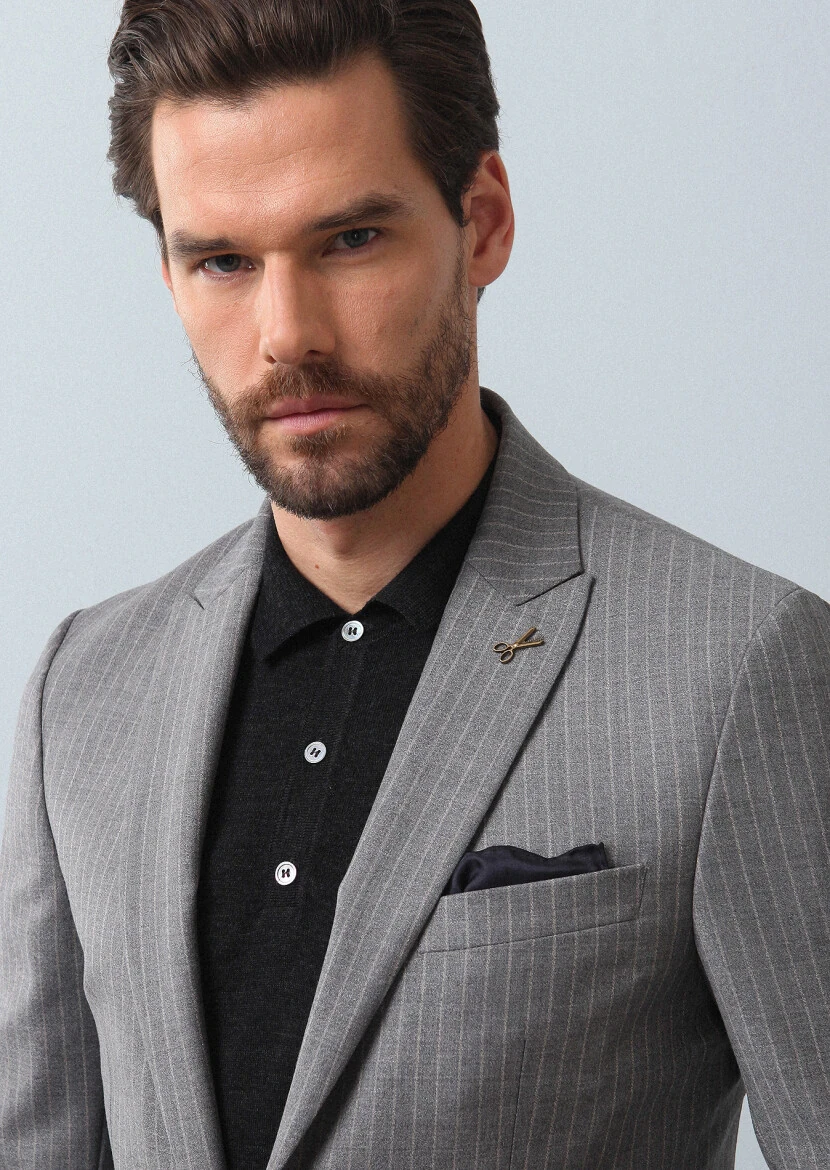 Gri Çizgili Zeroweight Slim Fit %100 Yün Takım Elbise - 1