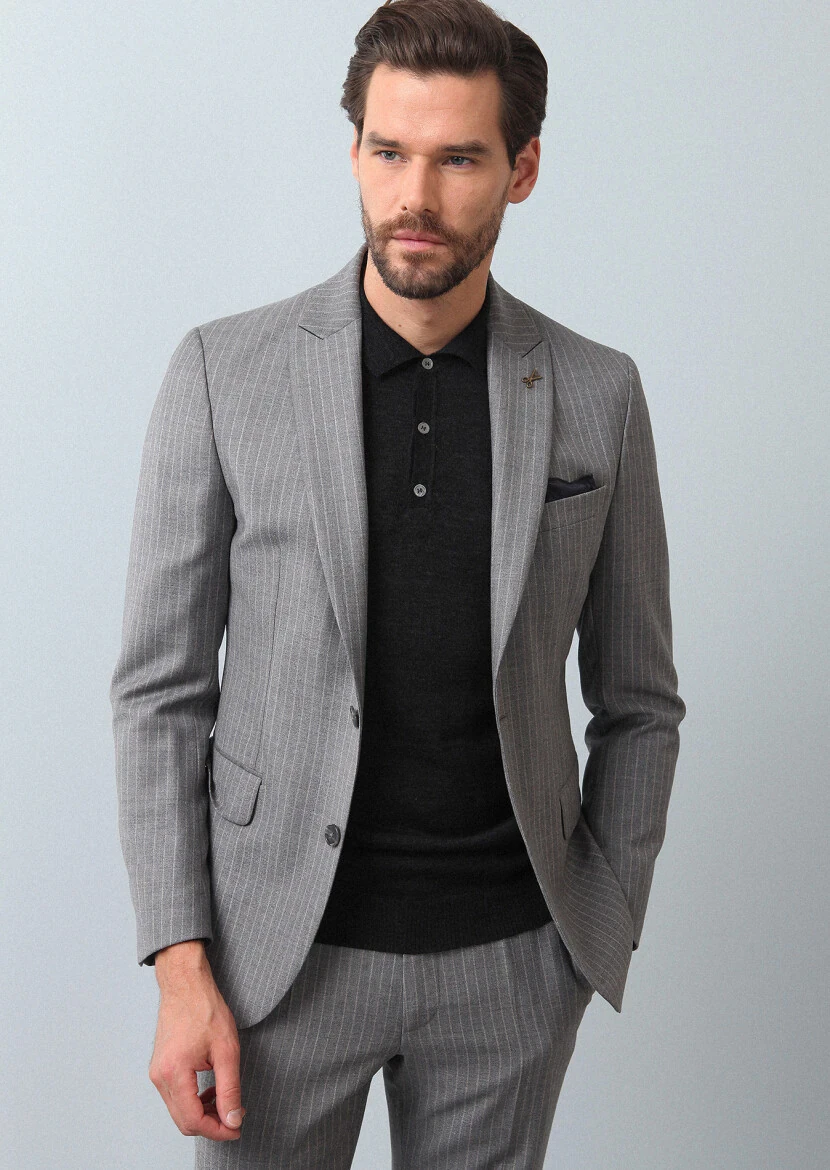 Gri Çizgili Zeroweight Slim Fit %100 Yün Takım Elbise - 2