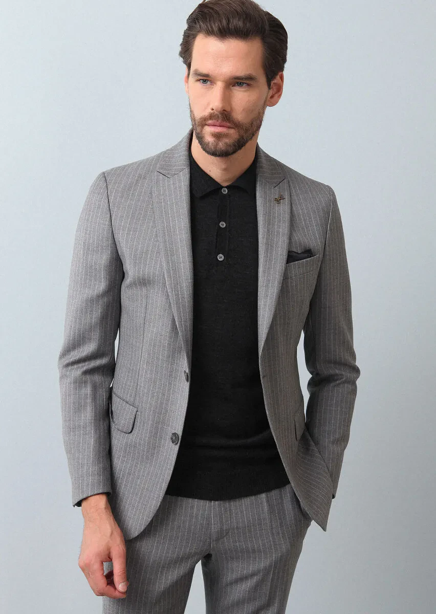 Gri Çizgili Zeroweight Slim Fit %100 Yün Takım Elbise - 2