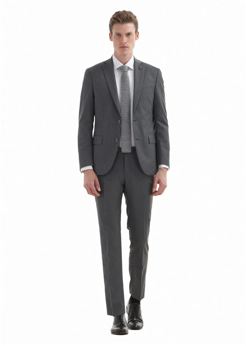 Gri Çizgili Zeroweight Slim Fit %100 Yün Takım Elbise - 1