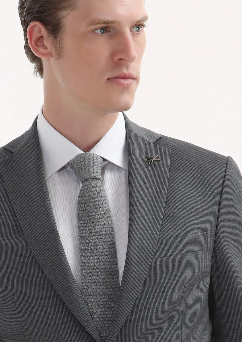 Gri Çizgili Zeroweight Slim Fit %100 Yün Takım Elbise - 3