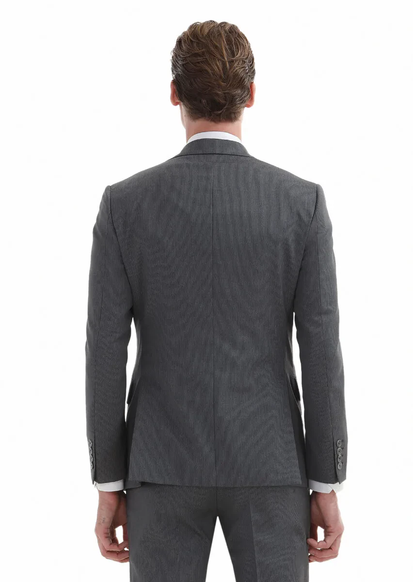 Gri Çizgili Zeroweight Slim Fit %100 Yün Takım Elbise - 5