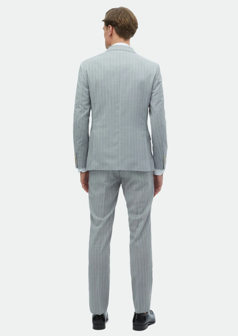 Gri Çizgili Zeroweight Slim Fit %100 Yün Takım Elbise - 6