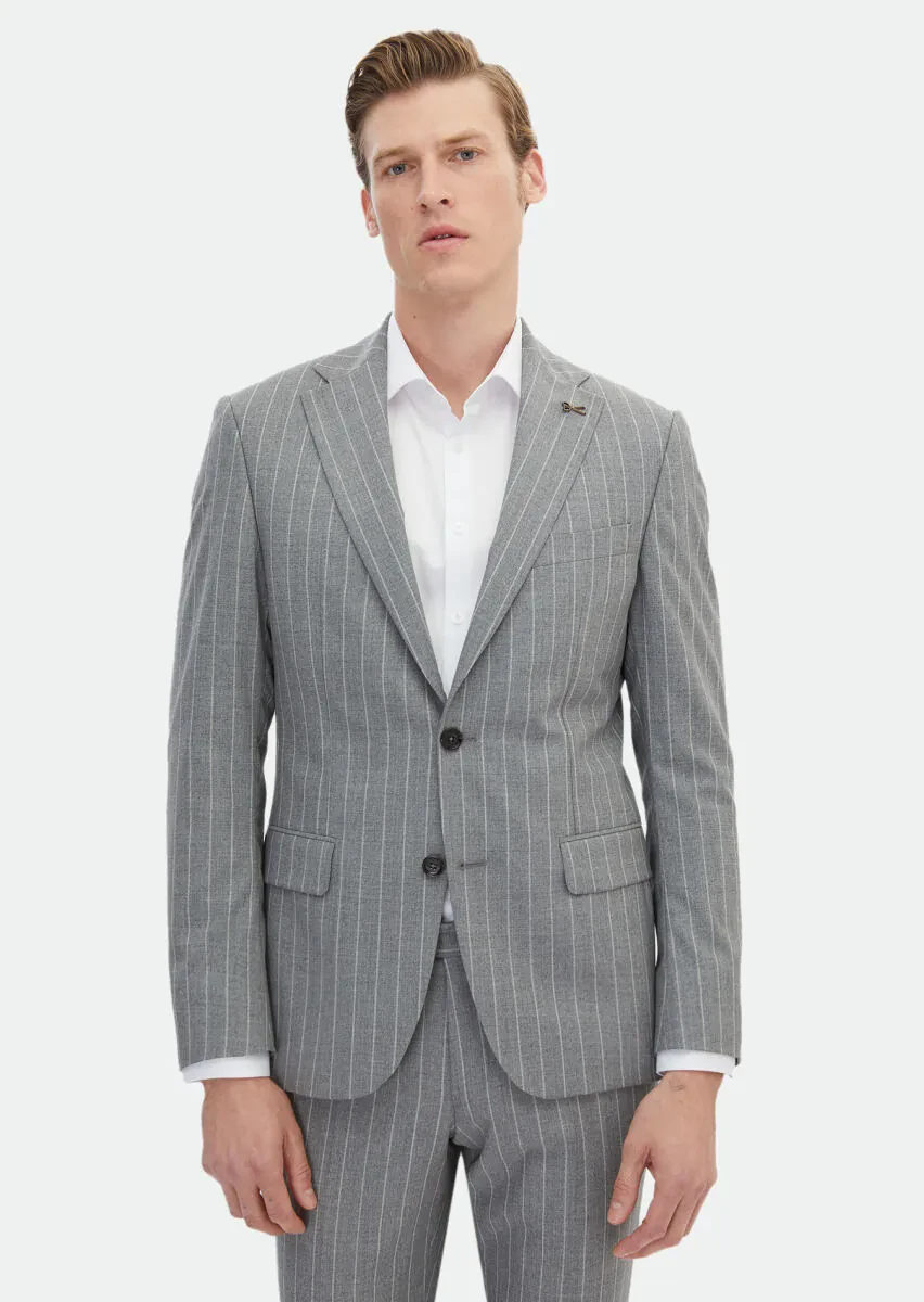 Gri Çizgili Zeroweight Slim Fit İpek Karışımlı Takım Elbise - 1