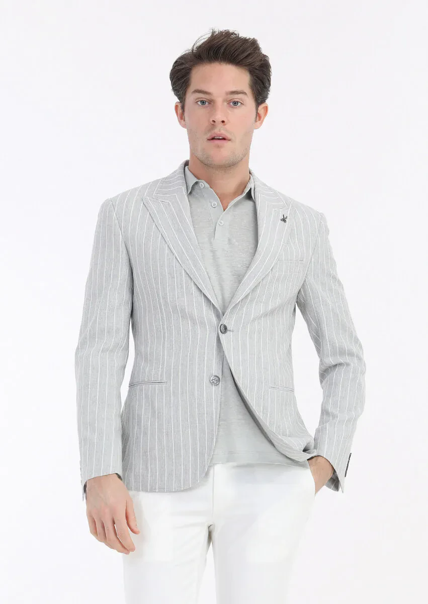 Gri Çizgili Zeroweight Slim Fit Pamuk Karışımlı Ceket - 2