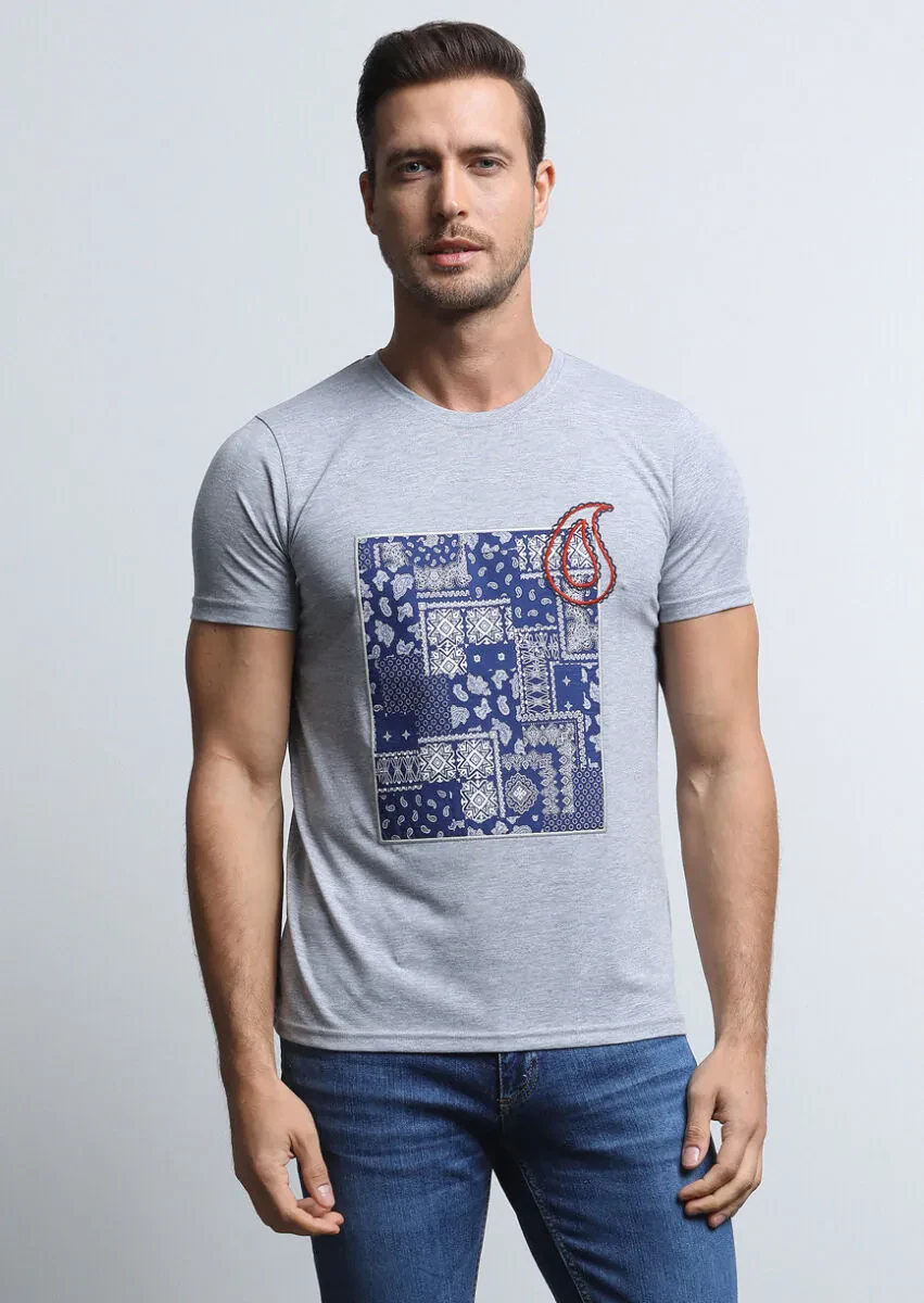 Gri Desenli %100 Pamuk T-Shirt - 3