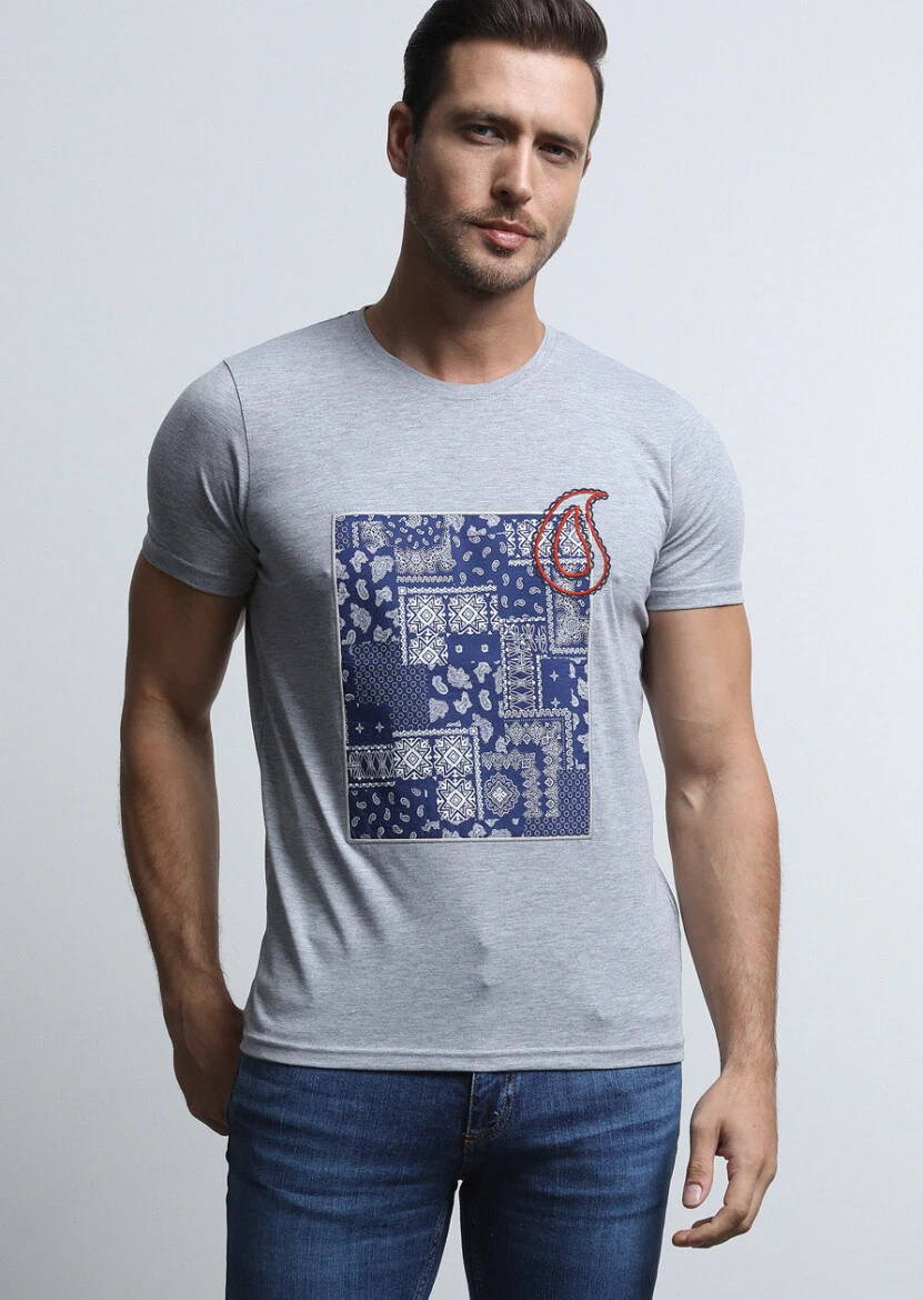 Gri Desenli %100 Pamuk T-Shirt - 4