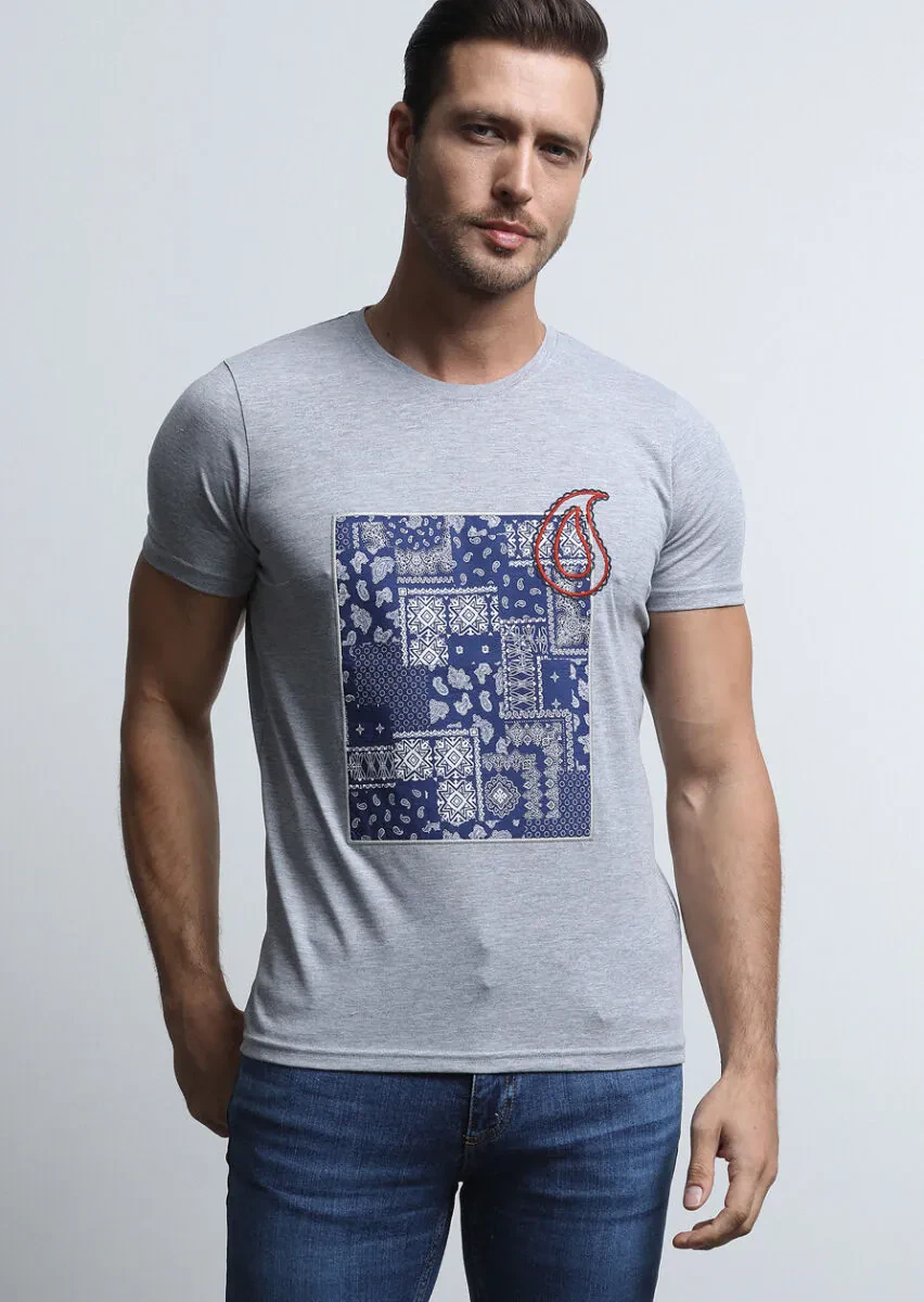 Gri Desenli %100 Pamuk T-Shirt - 4