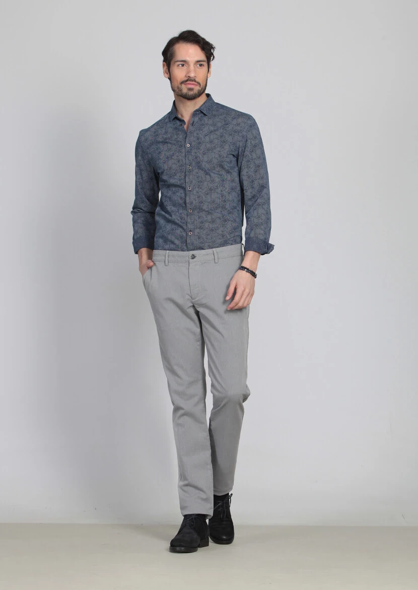 Gri Desenli Dokuma Regular Fit Casual Pamuk Karışımlı Pantolon - 1