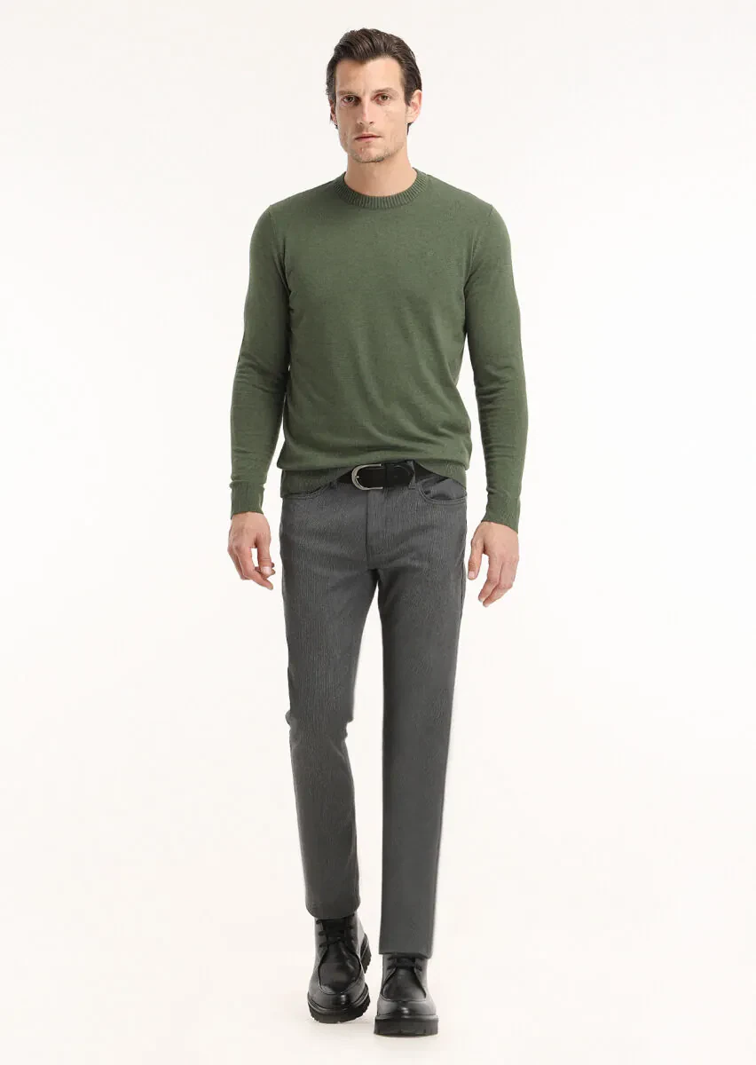 Gri Desenli Dokuma Slim Fit Casual Pamuk Karışımlı Pantolon - 1