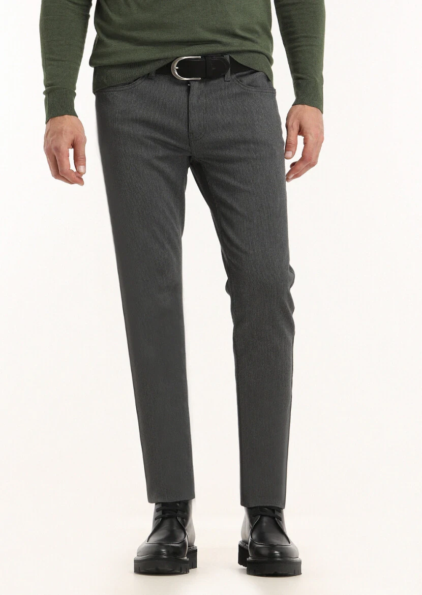 Gri Desenli Dokuma Slim Fit Casual Pamuk Karışımlı Pantolon - 2