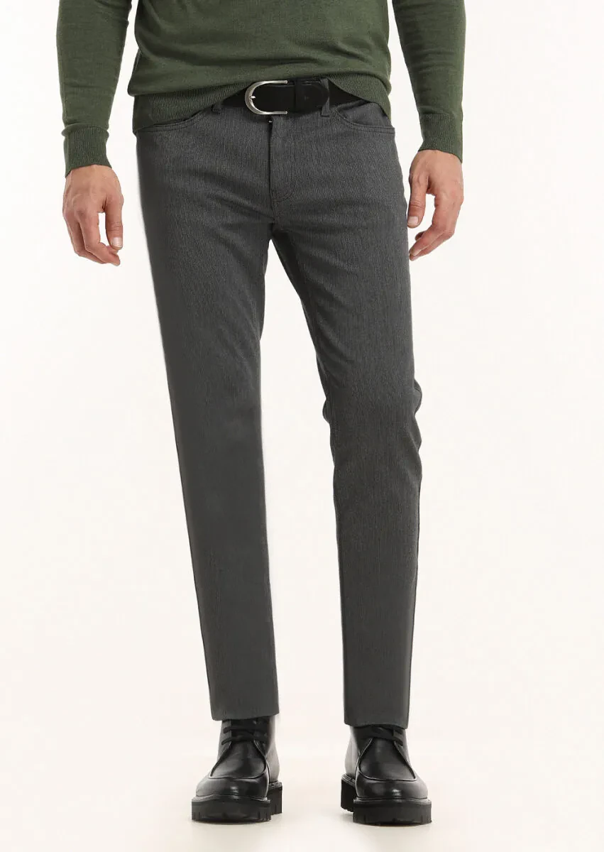 Gri Desenli Dokuma Slim Fit Casual Pamuk Karışımlı Pantolon - 2