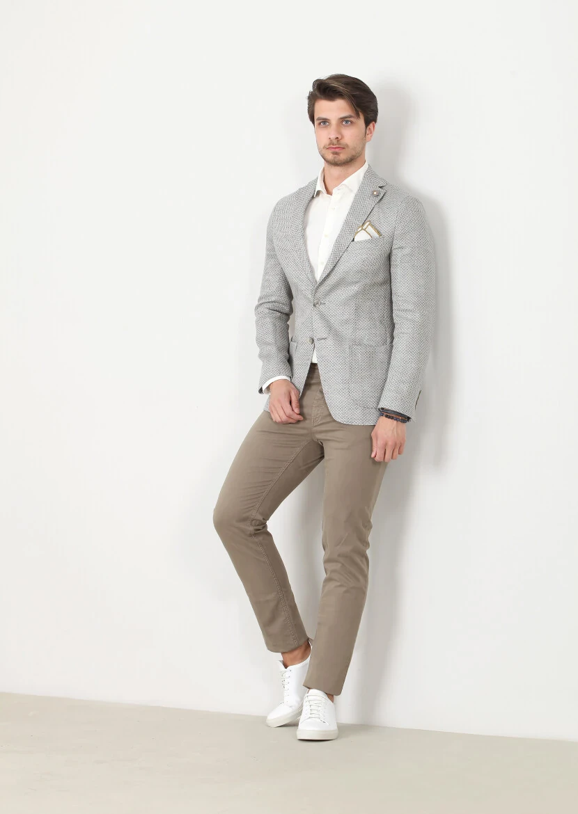 Gri Desenli Shirt Shoulder-slim Fit %100 Keten Ceket - 1