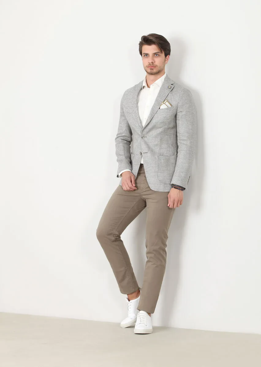 Gri Desenli Shirt Shoulder-slim Fit %100 Keten Ceket - 1