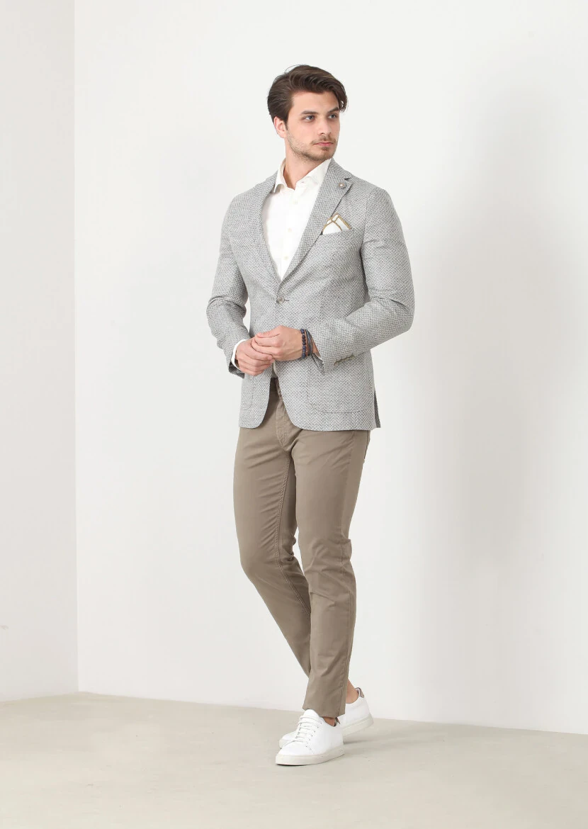 Gri Desenli Shirt Shoulder-slim Fit %100 Keten Ceket - 2