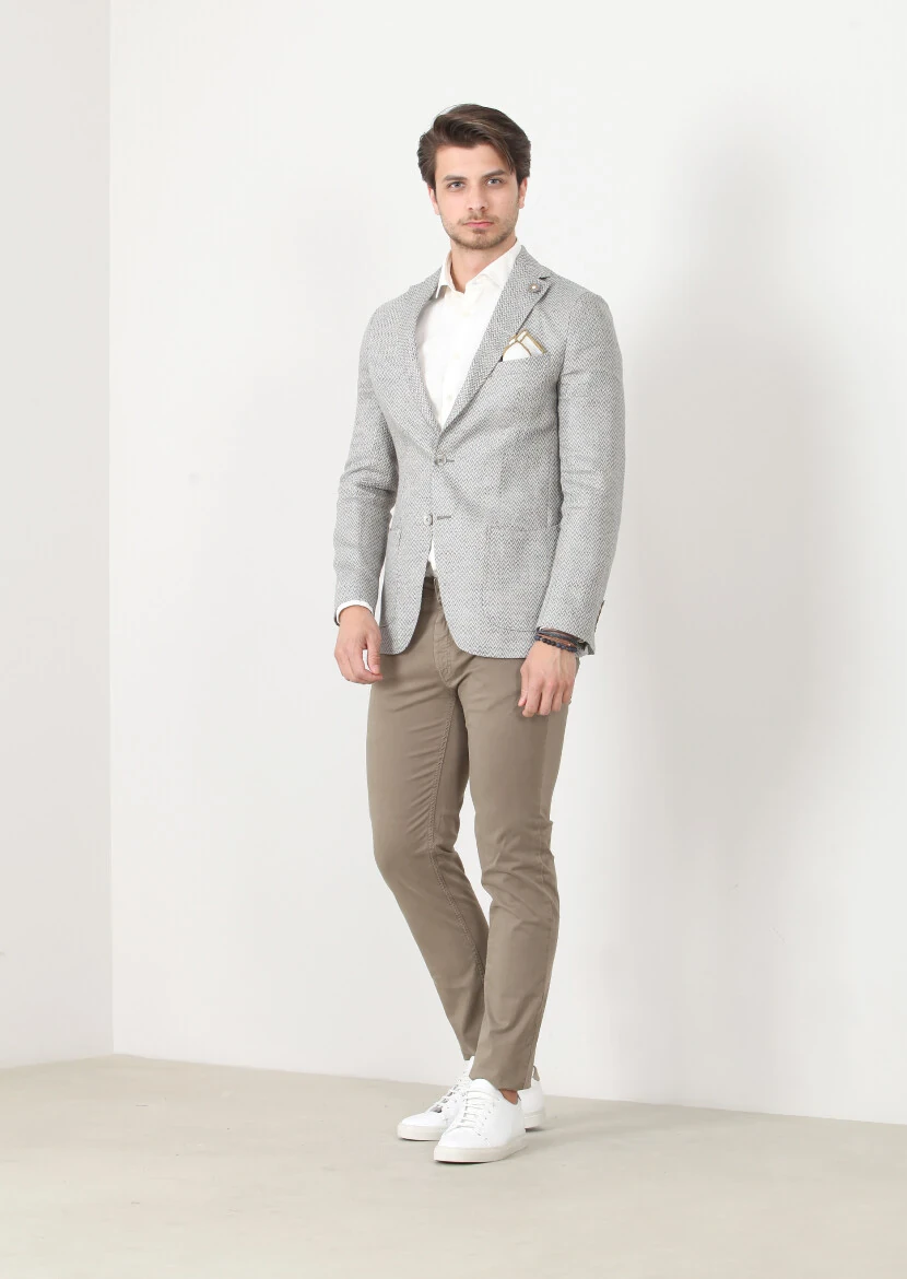 Gri Desenli Shirt Shoulder-slim Fit %100 Keten Ceket - 3