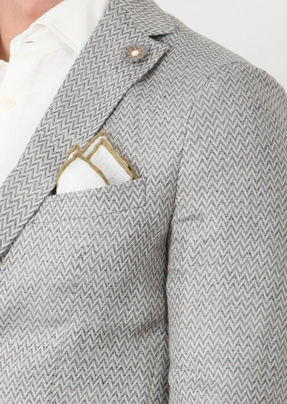 Gri Desenli Shirt Shoulder-slim Fit %100 Keten Ceket - 4