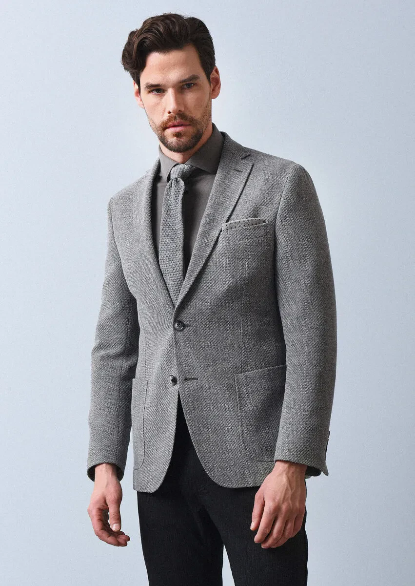 Gri Desenli Shirt Shoulder Slim Fit Yün Karışımlı Ceket - 3