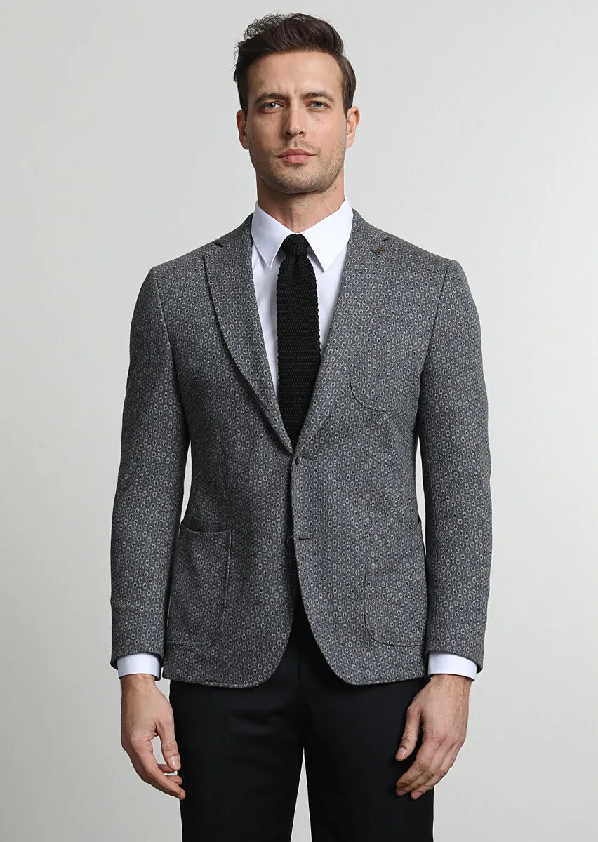 Gri Desenli Zeroweight Slim Fit Pamuk Karışımlı Örme Ceket - 1