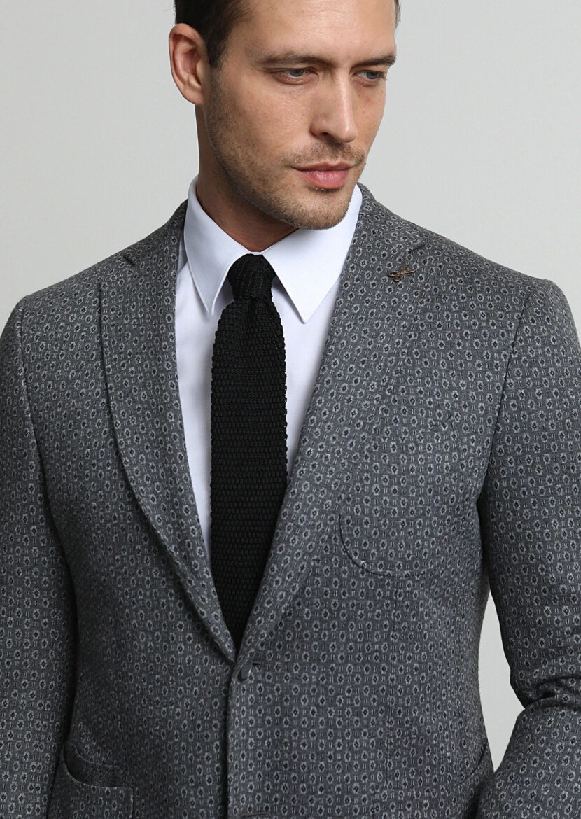 Gri Desenli Zeroweight Slim Fit Pamuk Karışımlı Örme Ceket - 2