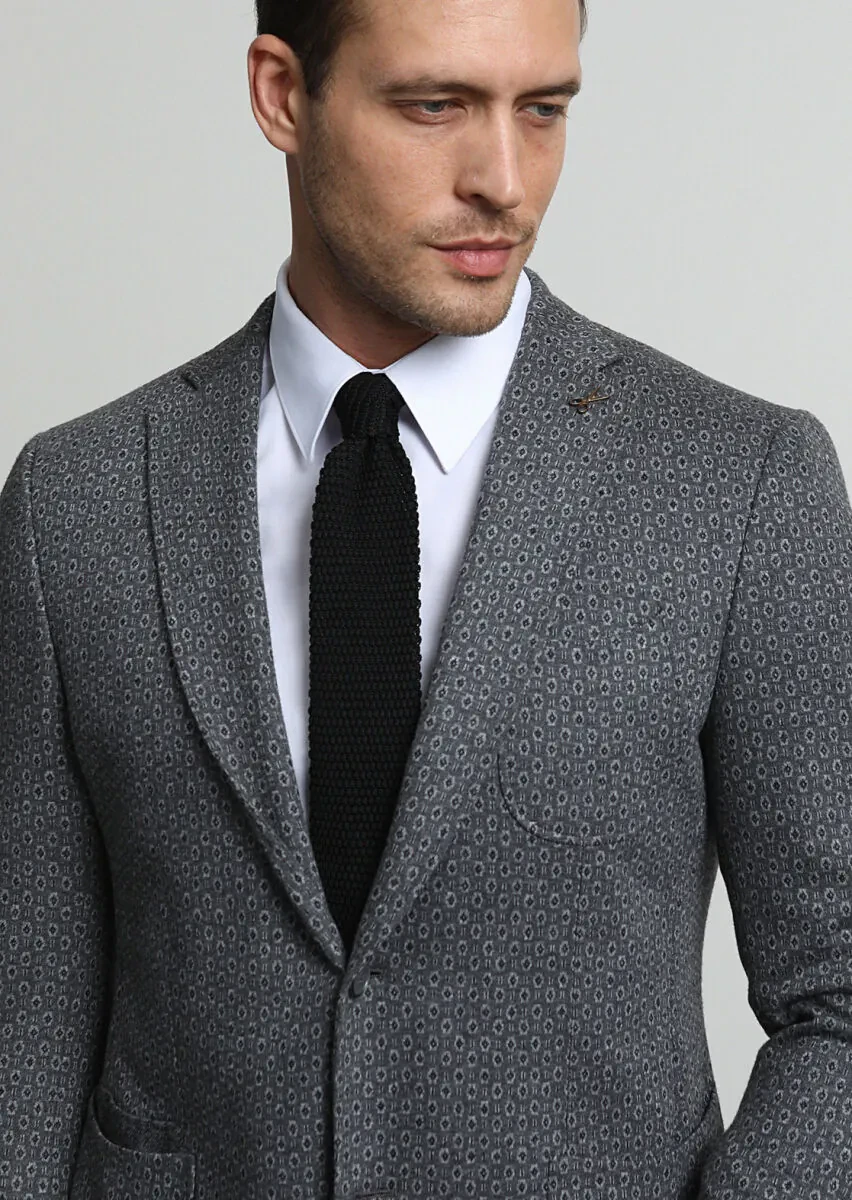 Gri Desenli Zeroweight Slim Fit Pamuk Karışımlı Örme Ceket - 2