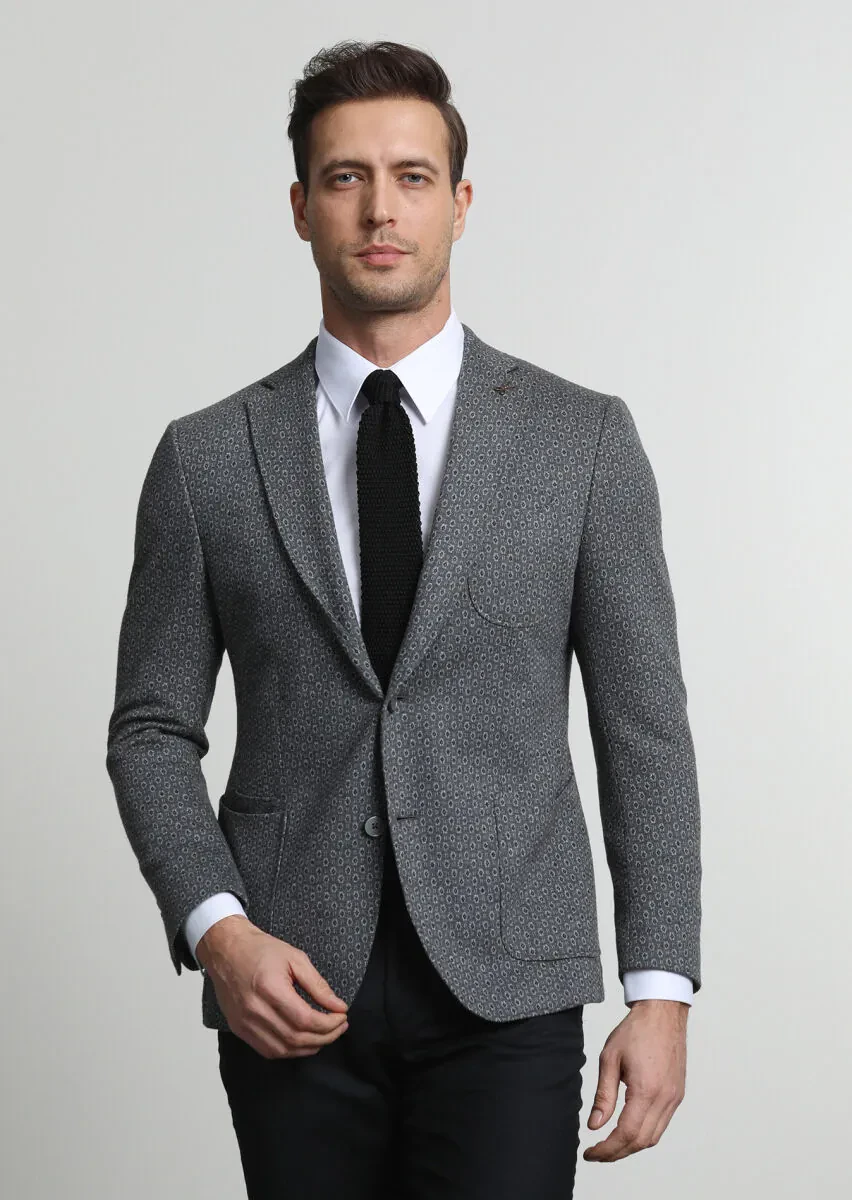 Gri Desenli Zeroweight Slim Fit Pamuk Karışımlı Örme Ceket - 3