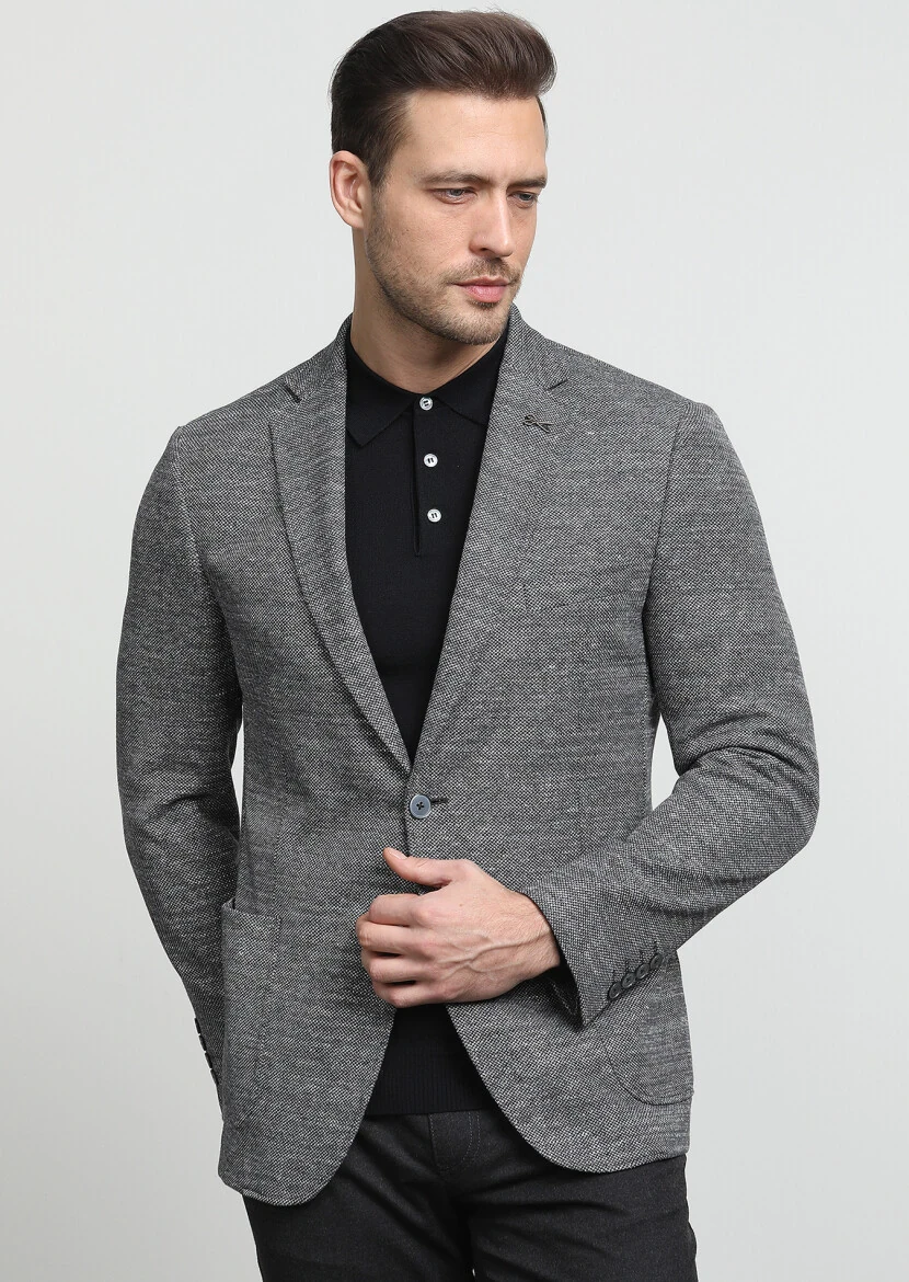 Gri Desenli Zeroweight Slim Fit Pamuk Karışımlı Örme Ceket - 3