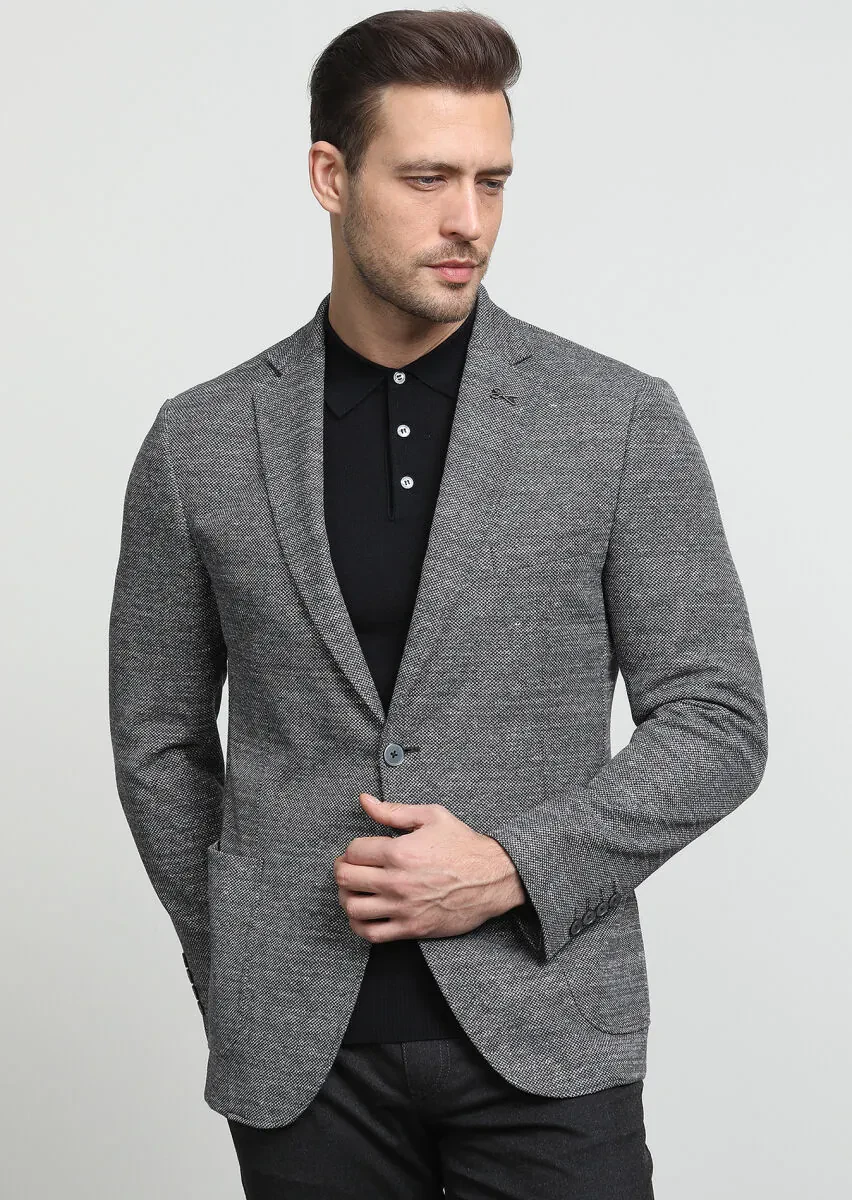 Gri Desenli Zeroweight Slim Fit Pamuk Karışımlı Örme Ceket - 3