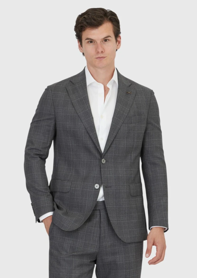 Gri Desenli Zeroweight Slim Fit Yün Karışımlı Takım Elbise - 1