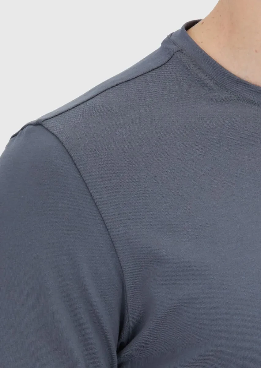 Gri Düz Bisiklet Yaka Pamuk Karışımlı T-Shirt - 3