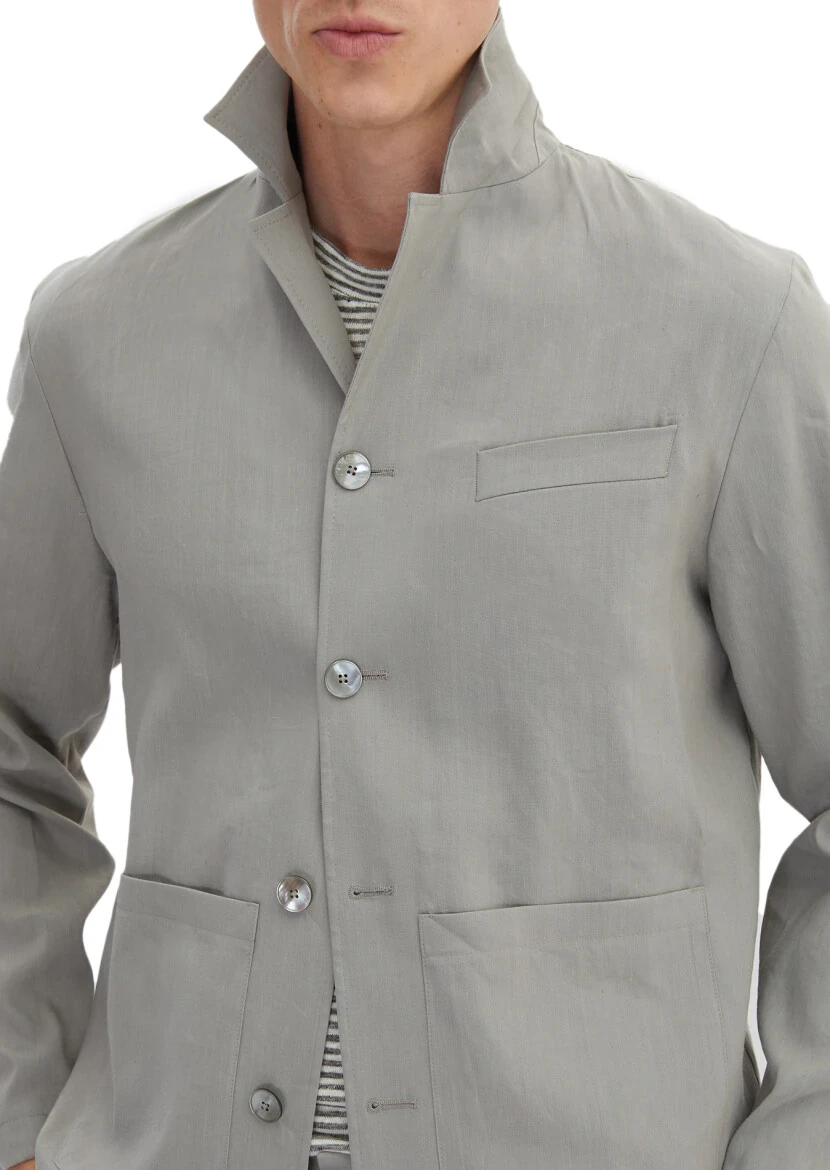 Gri Düz Casual Fit Keten Karışımlı Takım Elbise - 4