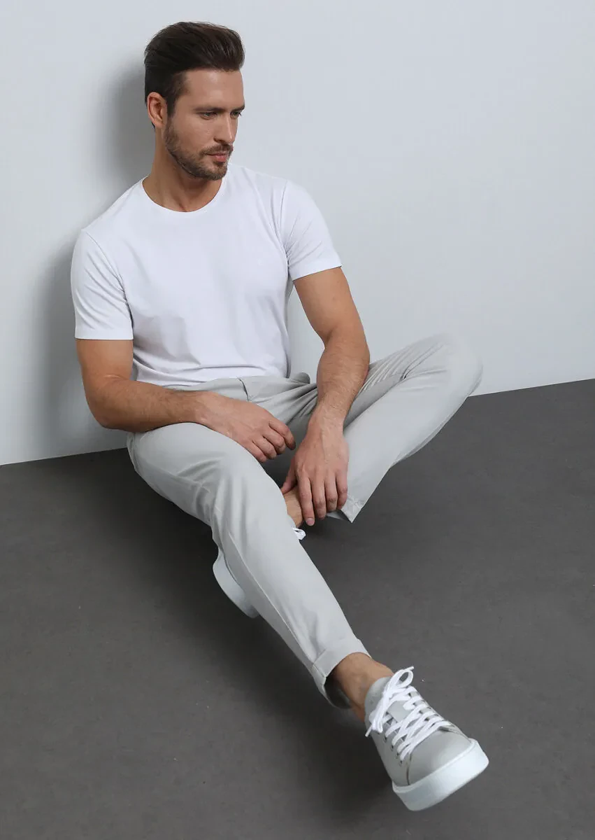 Gri Düz Dokuma Jogging Fit Casual Pamuk Karışımlı Pantolon - 2