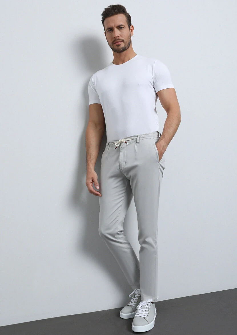 Gri Düz Dokuma Jogging Fit Casual Pamuk Karışımlı Pantolon - 3