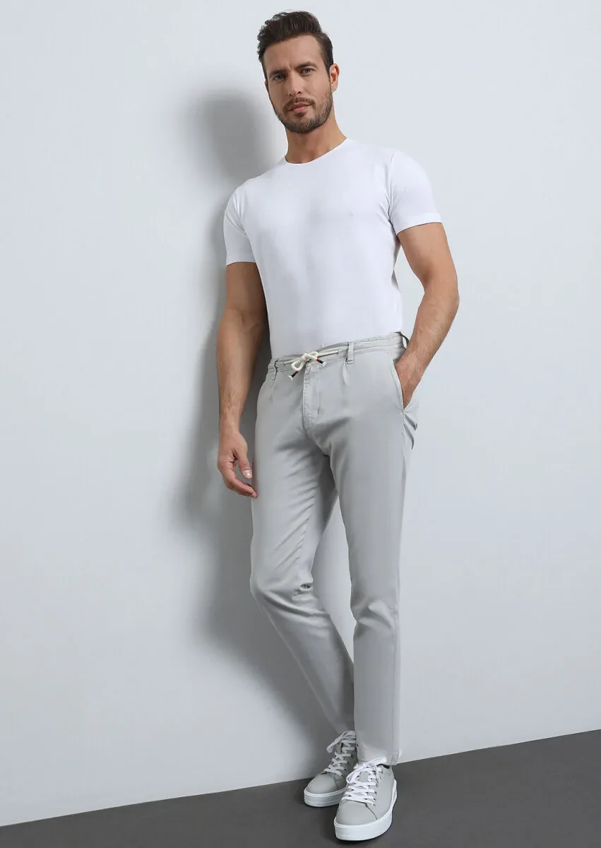 Gri Düz Dokuma Jogging Fit Casual Pamuk Karışımlı Pantolon - 3