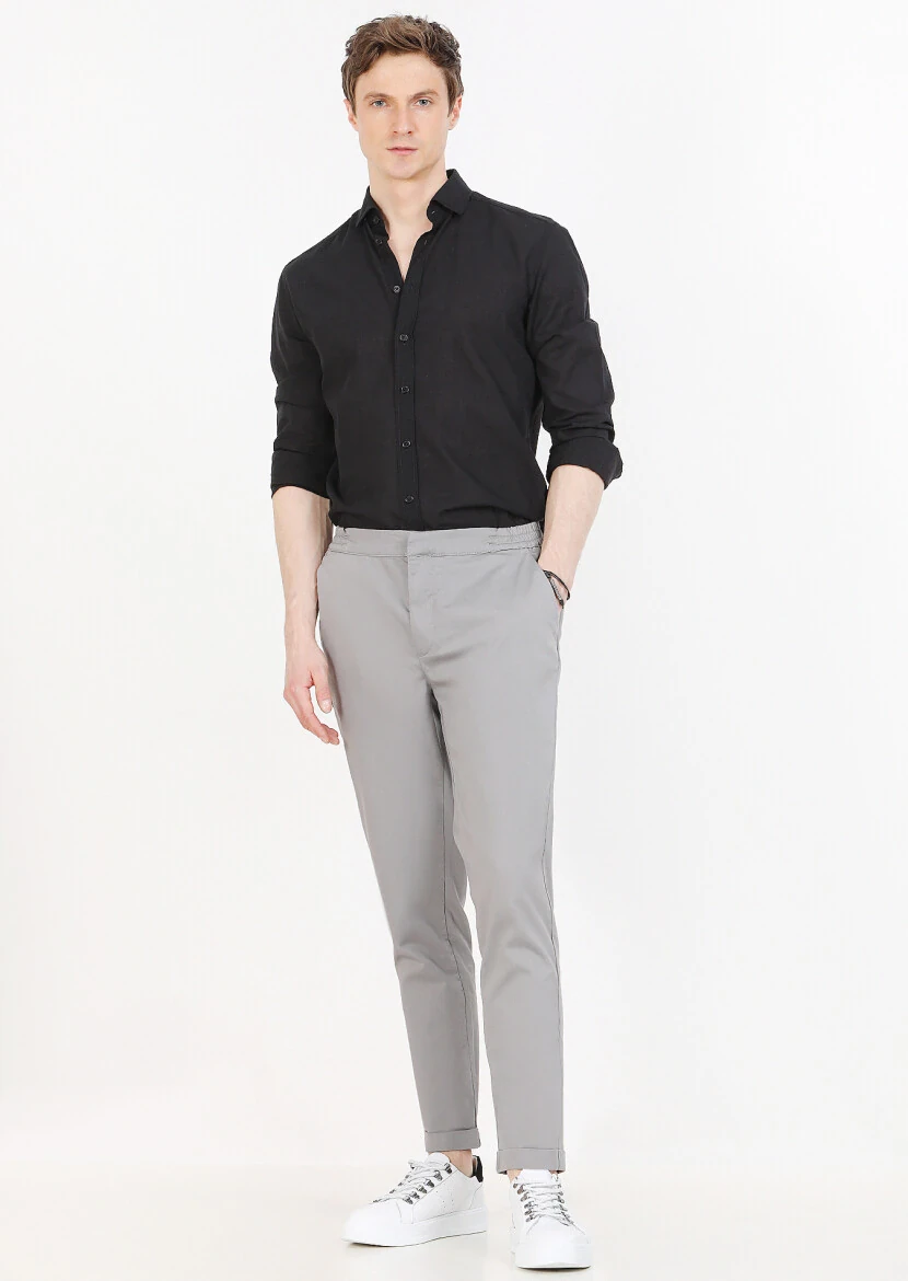 Gri Düz Dokuma Jogging Fit Casual Pamuk Karışımlı Pantolon - 1